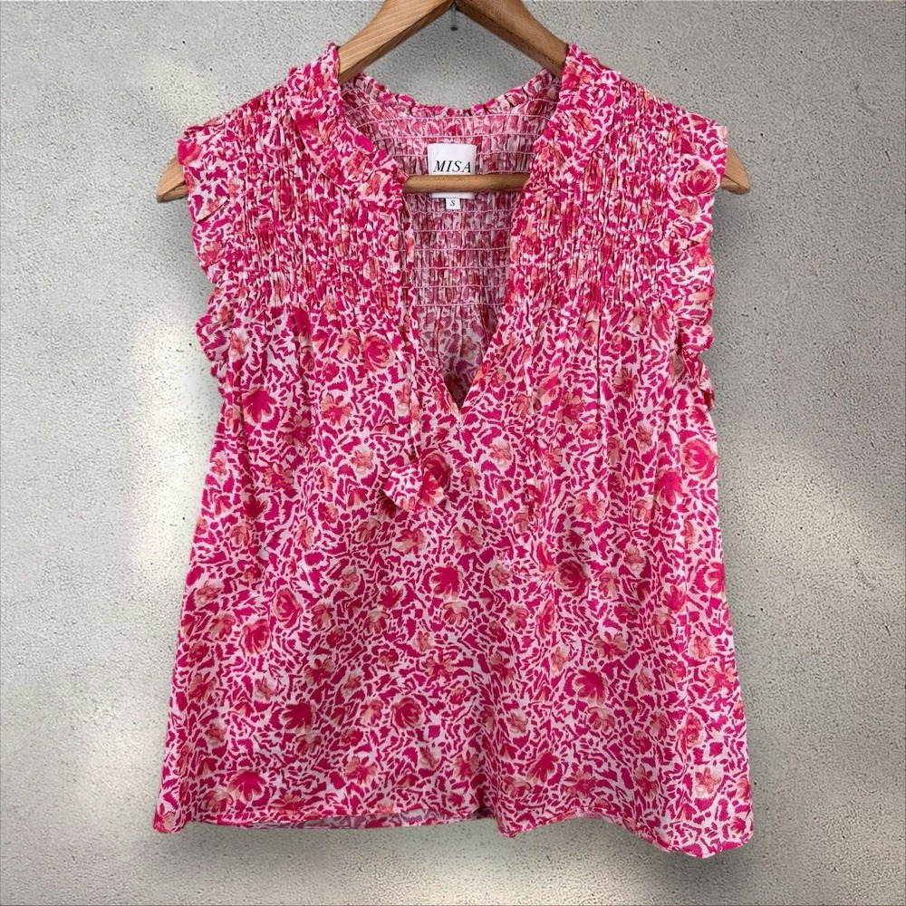 Misa Los Angeles Agot Top Cotton Smocked Floral Pink Blouse Sz S